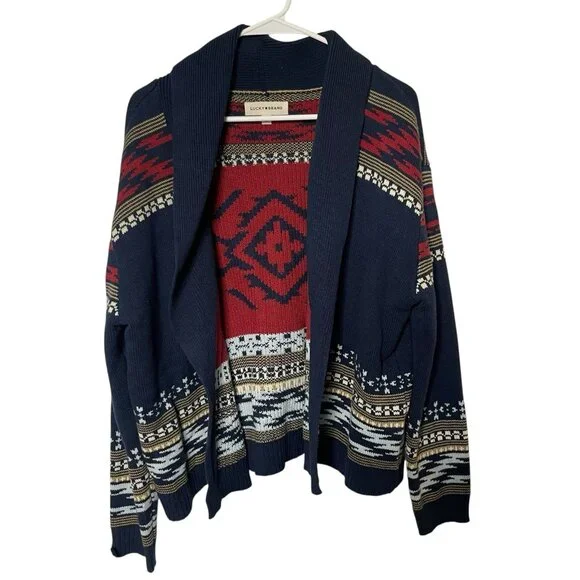 Lucky Brand Women’s L Cardigan Sweater Open Shawl Collar Aztec Southwest Blue - Picture 1 of 8